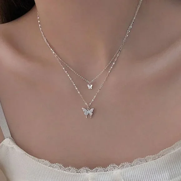 NEW Silver Gold Cute Double Layer Shiny Butterfly Necklace - Picture 1 of 6
